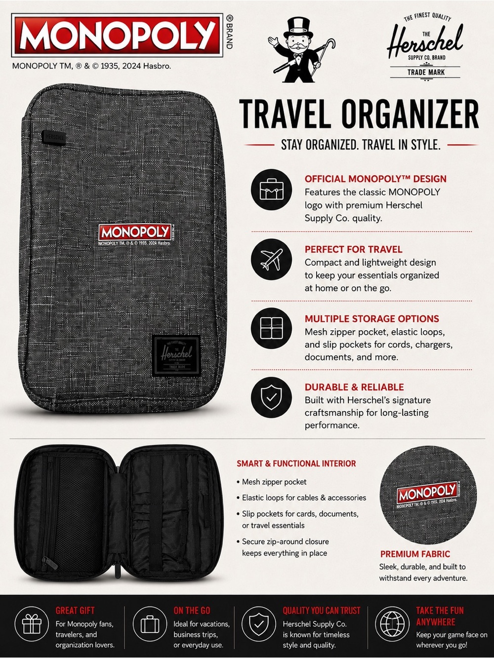 Herschel x Monopoly Burrard Tech Organizer Crosshatch Gray NWOT